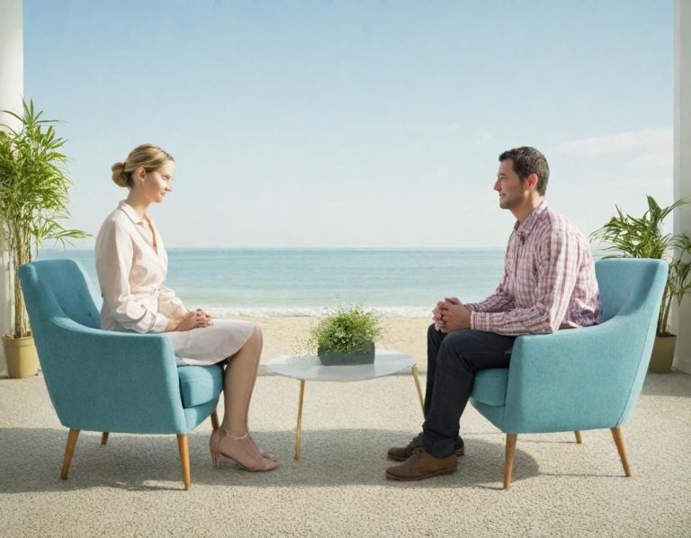 Psychotherapie und Beratung Zwei Personen sitzen sich in modernen Stühlen am Strand gegenüber, im Hintergrund das Meer.